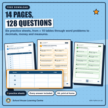 Free multiplying by 10, 100 and 1000 worksheet pack, fourteen A4 pages with 128 questions covering whole numbers, multiples of 10 and 100, word problems and decimals