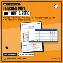 Multiplying by multiples of 10 and 100 taught as split, multiply, shift, with a place value chart instead of the add a zero rule